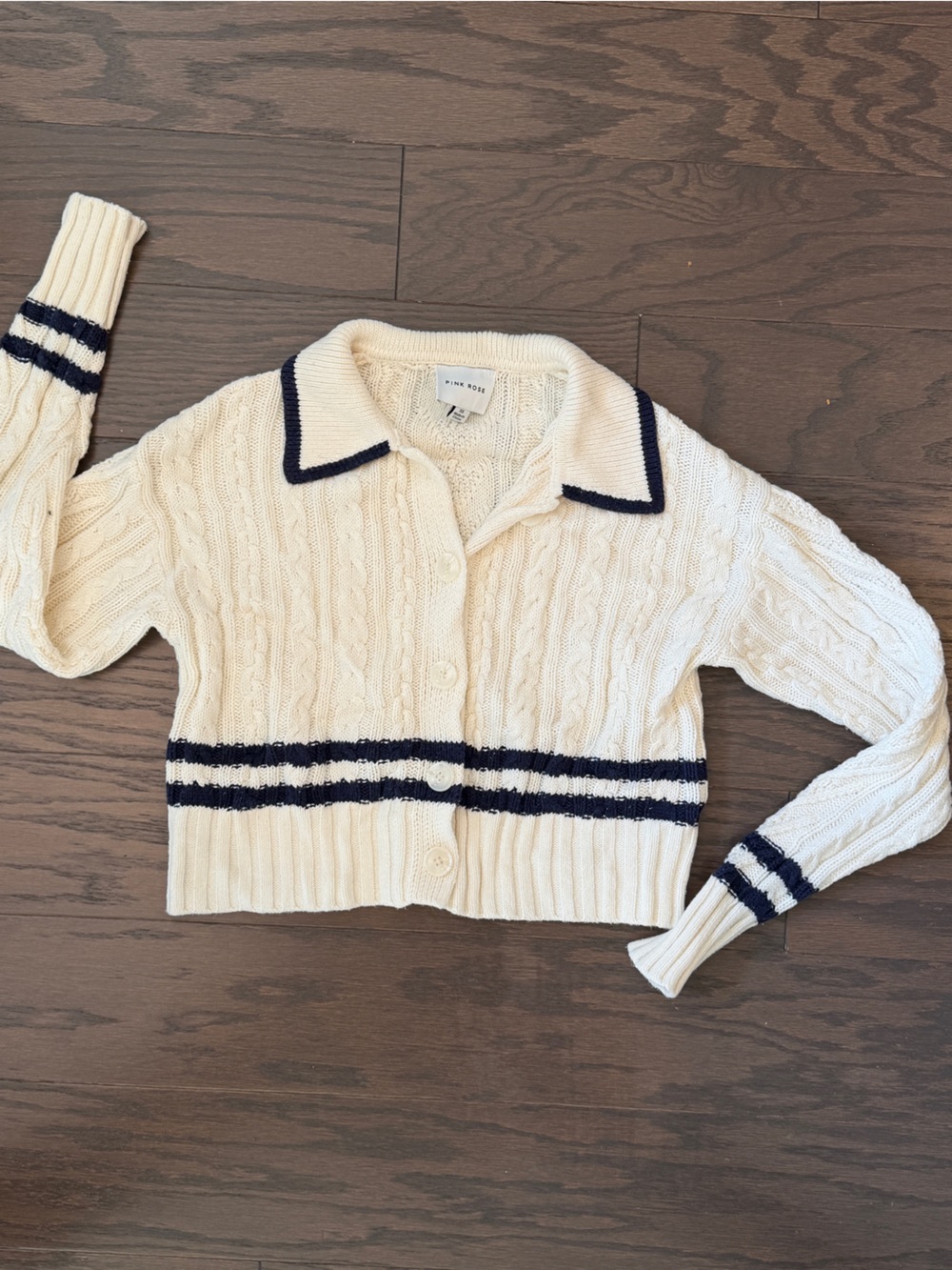 Cream Cable-Knit Button Up Sweater with Navy Stripe Detail